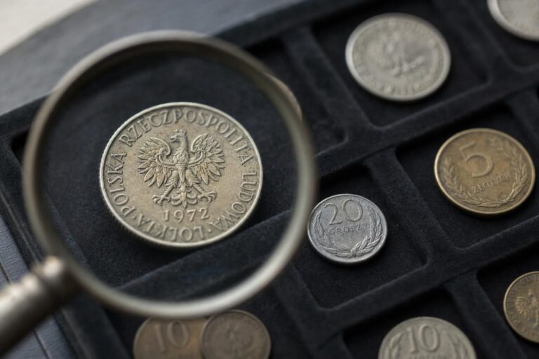 Monety z PRL na ciemnej tacy kolekcjonerskiej, jedna oglądana przez lupę