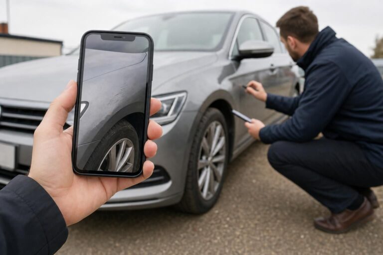 Smartfon ze zdjęciem auta na pierwszym planie, w tle osoba ogląda samochód na żywo
